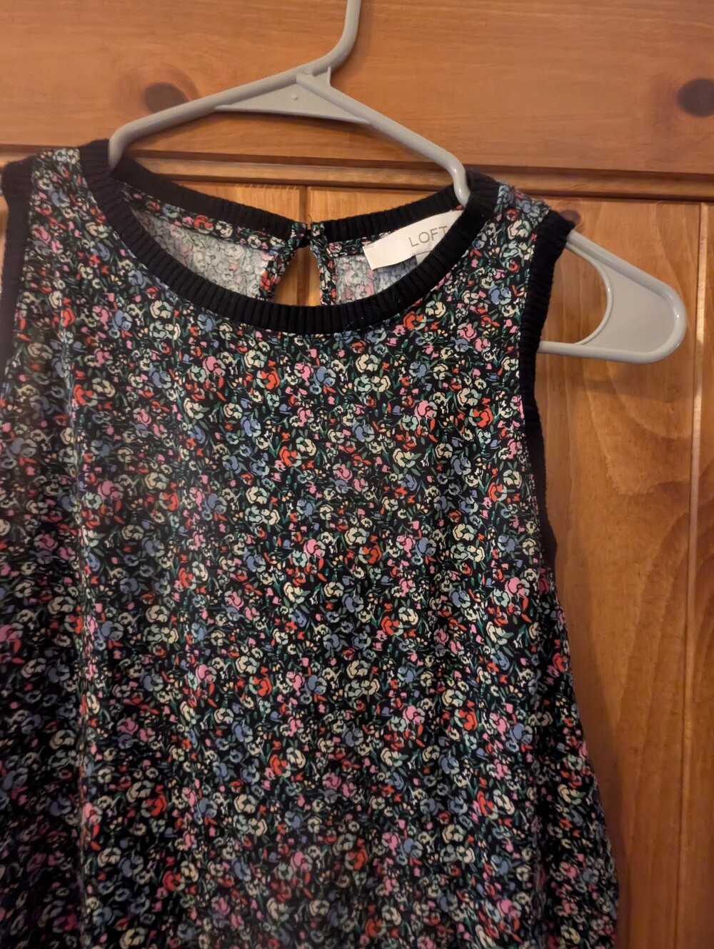 LOFT Black Floral Tank Top with Pink and Blue Blossoms, Size Medium